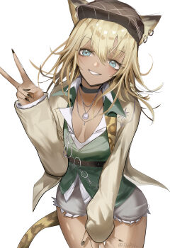 1girl absurdres animal_ears arknights blonde_hair blue_eyes breasts commentary_request dark-skinned_female dark_skin flat_cap green_shirt grey_jacket grey_shorts hat highres horobu jacket leopard_ears leopard_girl leopard_tail long_sleeves looking_at_viewer morgan_(arknights) morgan_(behind_the_words)_(arknights) official_alternate_costume shirt shorts simple_background smile solo tail v white_background