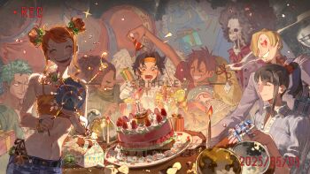 3girls 6+boys ^_^ absurdres birthday_cake black_hair blush brook_(one_piece) cake candle chinese_commentary closed_eyes confetti cross dated double_bun eyelashes facial_hair food franky_(one_piece) gift goatee green_hair hair_bun hat heart heart-shaped_eyes highres holding holding_gift hood jinbe_(one_piece) long_nose monkey_d._luffy multiple_boys multiple_girls nami_(one_piece) navel nico_robin one_piece orange_hair original ponytail roronoa_zoro sanji_(one_piece) scar scar_on_face sidelocks siyangou49 skeleton smile sparkle straw_hat_pirates sunglasses tony_tony_chopper usopp wings