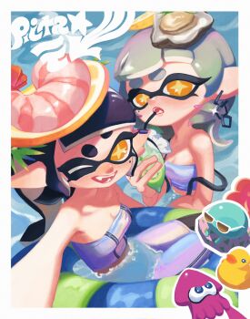 2girls afloat bare_shoulders black_hair black_pantyhose blunt_bangs border breasts callie_(splatoon) callie_(summer_nights)_(splatoon) chain chain_earrings chibi chibi_inset drink drinking drinking_straw drinking_straw_in_mouth ear_piercing fangs food food_on_head fruit gradient_hair green_hair grey_hair highres holding holding_drink iridescent_clothes inkling innertube jellyfish_(splatoon) ka1_(k4k37) lemon lemon_slice long_hair looking_at_viewer marie_(splatoon) marie_(summer_nights)_(splatoon) medium_hair midriff miniskirt mole mole_under_eye multicolored_hair multiple_girls nintendo object_on_head official_alternate_costume official_alternate_hairstyle one_eye_closed open_mouth orange_eyes oyster pantyhose pencil_skirt piercing pink_hair pointy_ears pool purple_tube_top reaching reaching_towards_viewer selfie shrimp sidelocks skirt small_breasts splatoon_(series) splatoon_3 squid star-shaped_pupils star_(symbol) strapless suspenders suspenders_slip swim_ring symbol-shaped_pupils taking_picture tentacle_hair tube_top twintails white_border yellow_pupils zipper zipper_pull_tab zipper_skirt