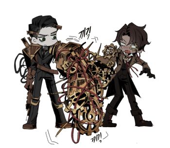 2boys asymmetrical_inertia_(e.g.o) black_pants black_vest brown_coat brown_hair chanil_(muexlku) coat commentary crushbound_past_(e.g.o) dark-skinned_male dark_skin e.g.o_(project_moon) fang full_body heathcliff_(project_moon) highres limbus_company mechanical_arms meursault_(project_moon) monocle multiple_boys open_mouth pants project_moon simple_background single_mechanical_arm symbol-only_commentary vest white_background