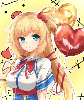 Rule 34 | 1girl, absurdres, akai haato, akai haato (1st costume), balloon, blue eyes, blue skirt, closed mouth, collared shirt, commentary request, haaton (akai haato), hair ornament, hair ribbon, heart, heart balloon, heart hair ornament, high-waist skirt, highres, hololive, long hair, one side up, red ribbon, ribbon, shirt, skirt, smile, solo, twintails, u da desu, very long hair, virtual youtuber, white shirt