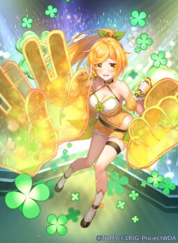 1girl black_shoes blonde_hair breasts cleavage copyright_notice large_breasts long_hair looking_at_viewer official_art onko_akino open_mouth ori_simo ponytail shoes skirt smile solo strapless thigh_strap tube_top very_long_hair white_tube_top wixoss yellow_eyes yellow_skirt