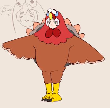 1girl :3 =_= alternate_costume boots closed_mouth dot_mouth drawegg expressionless feathers frieren full_body googly_eyes green_eyes grey_hair highres outstretched_arms parted_bangs parted_lips projected_inset simple_background solo sousou_no_frieren speech_bubble spread_arms standing t-pose talons turkey_costume white_background yellow_boots