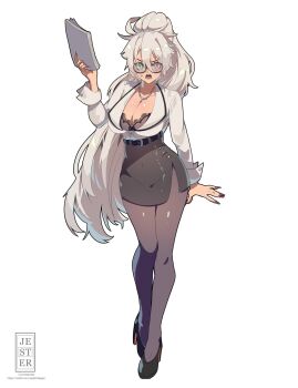 1girl angry belt black-framed_eyewear black_bra black_pantyhose black_shoes book bra breasts brown_pantyhose cleavage covered_navel full_body glasses green_eyes heterochromia high_heels high_ponytail highres holding holding_book jesternalagon jewelry lace lace_bra large_breasts long_hair long_sleeves looking_at_viewer messy_hair necklace office_lady open_mouth original pantyhose pencil_skirt pink_eyes ponytail scar shirt shoes skirt solo standing underwear very_long_hair white_hair white_shirt