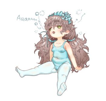 1girl aged_down bare_shoulders black_souls black_souls_2 blue_headband blue_leotard breasts brown_hair bubble covered_navel debuffs_only english_text fangs green_eyes hair_ribbon headband highres leotard light_blush loli long_hair low_twintails messy_hair on_floor open_mouth pointy_ears ribbon skin_fangs sleepy small_breasts solo squeans thighhighs tight_clothes twintails white_background wolris_(black_souls)