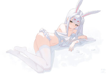 1girl animal_ears ass azur_lane bare_shoulders blush breasts clothes_pull commentary_request cropped_shirt eyeshadow flower full_body hair_flower hair_ornament hands_up highres legs legs_folded long_hair lying makeup navel official_alternate_costume on_side panties ping_zhong_yu rabbit_ears rabbit_girl rabbit_tail red_eyeshadow shimakaze_(azur_lane) shimakaze_(the_unmoving_rabbit)_(azur_lane) shirt shirt_pull small_breasts smile solo stomach tail thighhighs thighs underwear very_long_hair white_flower white_hair white_panties white_shirt yellow_eyes