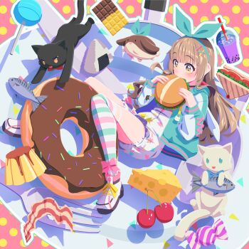 1girl absurdres bacon bebe_(nanahira) black_cat brown_hair burger cat cheese commentary donut dress fish food g9in32 hairband highres indie_utaite indie_virtual_youtuber jacket kneehighs long_hair mite_(nanahira) nanahira no_lineart omochi_(nanahira) open_clothes open_jacket pudding rabbit sandwich shoes sneakers socks solo utaite virtual_youtuber white_cat white_dress