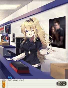 1girl :d black_shirt blonde_hair blurry box breasts brown_hair cash_register class_of_09 commentary commission cropped_legs dialogue_box dot_nose double-parted_bangs english_commentary gameplay_mechanics hair_over_shoulder high_ponytail highres indoors javi_(javieritow) kelly_(class_of_09) lanyard light_blush long_hair looking_at_viewer medium_breasts multicolored_hair one_eye_closed open_mouth original package ponytail poster_(object) purple_eyes raised_eyebrow shirt shirt_under_shirt smile solo star_(symbol) visual_novel white_shirt