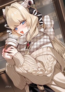 Rule 34 | 1girl, absurdres, blonde hair, blue eyes, blush, coffee, commentary request, crown (nikke), cup, disposable coffee cup, disposable cup, goddess of victory: nikke, hair intakes, hair tubes, highres, long sleeves, md5 mismatch, nobako, open mouth, revision, scarf, smile, solo, steam, sweater, twitter username
