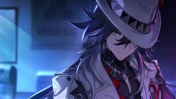 Rule 34 | 1boy, absurdres, ashveil (honkai: star rail), bad link, black hair, black shirt, earrings, fedora, game cg, gradient hair, grey eyes, grey hair, hair between eyes, hat, highres, honkai: star rail, honkai (series), indoors, jacket, jewelry, lapels, light rays, long hair, looking at viewer, male focus, multicolored hair, necklace, night, notched lapels, official art, shirt, solo, tooth necklace, two-tone hair, white hat, white jacket