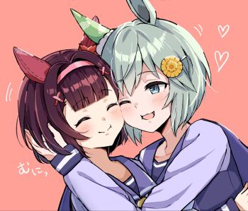 2girls animal_ears blue_eyes blush cheek-to-cheek closed_eyes commentary_request ear_covers hair_ornament hairband hairclip hand_on_another's_head heads_together highres horse_ears horse_girl konomaru long_sleeves multiple_girls nishino_flower_(umamusume) one_eye_closed open_mouth pink_background school_uniform seiun_sky_(umamusume) short_hair single_ear_cover smile tracen_school_uniform translation_request umamusume x_hair_ornament