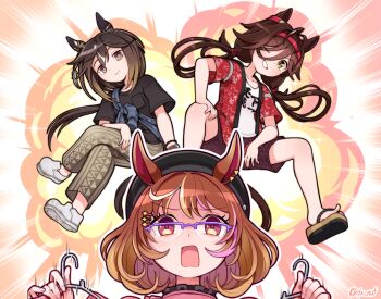 Rule 34 | 3girls, animal ears, antenna hair, beret, black hair, black shirt, blue shirt, blush, breasts, brown eyes, brown hair, camouflage, camouflage pants, casual, closed mouth, clothes hanger, collarbone, commentary, ear covers, fanny pack, glasses, grin, hair between eyes, hair ornament, hairband, hairclip, hat, headband, highres, holding, holding clothes hanger, horse ears, horse girl, horse tail, jacket, korean commentary, long hair, looking at viewer, low twintails, medium hair, multicolored hair, multiple girls, no reason (casual) (umamusume), no reason (umamusume), north flight (casual) (umamusume), north flight (umamusume), one eye closed, open mouth, pants, purple-framed eyewear, red headband, sandals, sbql (niaunclefan), shirt, shoes, shorts, smile, stay gold (casual) (umamusume), stay gold (umamusume), streaked hair, tail, teeth, twintails, umamusume, white hair, white shirt