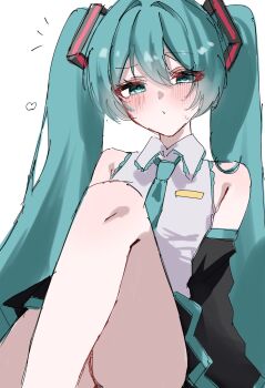 1girl aqua_eyes aqua_necktie bare_shoulders commentary_request convenient_leg detached_sleeves hatsune_miku highres long_hair looking_at_viewer mamekiti_k necktie pleated_skirt shirt simple_background sitting sketch skirt sleeveless sleeveless_shirt solo twintails vocaloid white_background white_shirt