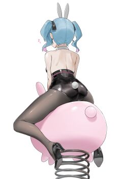 1girl absurdres animal_ears ass bare_shoulders black_leotard black_pantyhose black_shoes blue_hair commentary_request fake_animal_ears fake_tail from_behind hakai_orz hatsune_miku high_heels highres leotard pantyhose playboy_bunny rabbit_ears rabbit_hole_(vocaloid) rabbit_tail riding shoes short_twintails simple_background solo spring_rider strapless strapless_leotard tail twintails vocaloid white_background