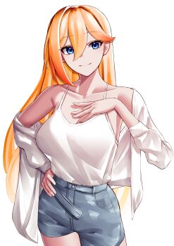 1girl absurdres bare_shoulders blonde_hair blue_eyes breasts cleavage collarbone commentary_request denim denim_shorts durandal_(honkai_impact) hand_on_own_chest highres honkai_(series) honkai_impact_3rd jacket korean_commentary large_breasts long_hair looking_at_viewer pyeong_il shorts simple_background smile solo tank_top very_long_hair white_background white_jacket white_tank_top
