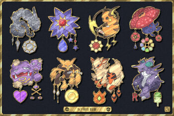 alakazam arcanine badge badge_(pokemon) black_background boulder_badge cascade_badge character_charm charm_(object) commentary_request earth_badge english_text gen_1_pokemon gold_border kanna_(kan419_k) lightning_bolt_symbol marsh_badge nidoking nintendo onix poke_ball_symbol pokemon pokemon_(creature) pokemon_rgby raichu rainbow_badge skull_and_crossbones soul_badge star_(symbol) starmie team_rocket thunder_badge vileplume volcano_badge wwzing