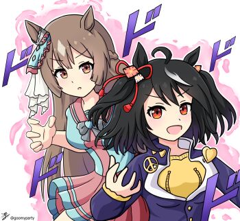 2girls absurdres ahoge animal_ears aura black_hair bow bowtie braid brooch brown_hair commentary cosplay crazy_diamond crazy_diamond_(cosplay) diamond_wa_kudakenai dodododo ear_ornament gakuran goom_(goomyparty) grey_hair hair_between_eyes half_up_braid heart higashikata_josuke higashikata_josuke_(cosplay) highres horse_ears horse_girl jewelry jojo_no_kimyou_na_bouken kitasan_black_(umamusume) light_brown_hair long_hair long_sleeves looking_at_viewer multicolored_hair multiple_girls orange_eyes peace_symbol pun red_eyes satono_diamond_(umamusume) school_uniform short_hair stand_(jojo) streaked_hair twitter_username two-tone_hair two_side_up umamusume