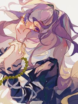 1girl beads black_dress brown_eyes closed_mouth commentary_request dress expressionless fingernails highres hijiri_byakuren long_hair looking_at_viewer own_hands_together prayer_beads purple_hair shinjitsu_no_kuchi simple_background solo touhou upper_body white_background yellow_nails