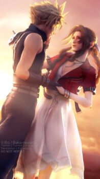 1boy 1girl 3d aerith_gainsborough armor belt blonde_hair bracelet braid breasts brown_hair choker cloud_strife couple cropped_jacket dress final_fantasy final_fantasy_vii final_fantasy_vii_remake gloves green_eyes hair_ribbon hand_on_another's_cheek highres holding_hands jacket jewelry long_dress medium_breasts necklace parted_bangs pink_dress pink_ribbon red_jacket ria-neearts ribbon shoulder_armor sidelocks sleeveless sleeveless_turtleneck spiked_hair square_enix sunset suspenders turtleneck upper_body wavy_hair