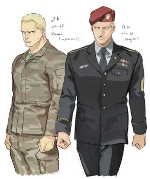 2boys beret black_jacket black_suit blonde_hair blue_eyes camouflage clenched_hands cropped_legs formal_clothes green_shirt hair_slicked_back hat jack_krauser jacket male_focus military_dress_uniform military_fatigues military_uniform multiple_boys red_hat resident_evil shirt suit tatsumi_(psmhbpiuczn)