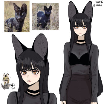 1girl absurdres animal_ears black_bra black_choker black_hair blonde_hair bra cat_girl choker creature_and_personification gegegekman highres long_hair mole mole_under_eye mole_under_mouth original personification photo_inset reference_inset see-through_clothes see-through_shirt serval serval_gf_(gegegekman) shirt simple_background slit_pupils underwear white_background