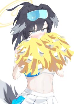 Rule 34 | 1girl, animal ears, black hair, blue archive, blue eyes, blush, cheerleader, commentary request, covered mouth, dog ears, dog girl, dog tail, embarrassed, goggles, goggles on head, halo, hibiki (blue archive), hibiki (cheer squad) (blue archive), highres, holding, holding pom poms, long hair, looking at viewer, millennium cheerleader outfit (blue archive), navel, official alternate costume, pom pom (cheerleading), pom poms, segare, simple background, skirt, solo, star (symbol), star sticker, sticker, sticker on arm, sticker on face, tail, white background, yellow halo