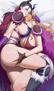 Rule 34 | 2026, 2girls, absurdres, alternate costume, beast pirates uniform, bed sheet, bikini, black hair, blue eyes, blush, boots, breasts, brown gloves, cleavage, commentary, english commentary, feathers, from above, gloves, grabbing another's thighs, grin, highres, horns, interlocked legs, knee boots, large breasts, long hair, looking at viewer, low-tied long hair, lying, multiple girls, nami (one piece), nami (one piece) (onigashima), nico robin, nico robin (onigashima), official alternate costume, on bed, on side, one eye closed, one piece, orange hair, purple gloves, rasipan, shoulder pads, sideboob, smile, swimsuit, thigh grab, thighs