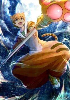 Rule 34 | 1girl, :d, animal ears, brown eyes, cat paw, cloud, commentary request, extra ears, fang, fate/grand order, fate (series), full moon, holding, holding staff, jaguar ears, jaguar tail, jaguarman (fate), k-suwabe, moon, night, open mouth, orange hair, partial commentary, paw stick, revision, shirt, sky, smile, solo, staff, star (sky), striped clothes, striped shirt, tail, twitter username