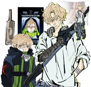 1boy 1girl alien_stage alternate_costume alternate_universe arcorclynn black_jacket blonde_hair bottle colored_eyelashes commentary english_commentary grey_pants headphones headphones_around_neck highres holding holding_weapon hood hood_up hyuna_(alien_stage) jacket luka_(alien_stage) male_focus pants prosthesis prosthetic_arm role_reversal shirt short_hair wanted_poster weapon white_shirt yellow_eyes