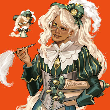 Rule 34 | 1boy, :d, aegyo sal, asymmetrical bangs, blonde hair, bow, brown eyes, collared shirt, commentary, cookie run, cookie run: kingdom, corset, cross-laced clothes, cross-laced corset, curtained hair, dark-skinned male, dark skin, earrings, eclair cookie, english commentary, food-themed hat, frilled shirt collar, frills, green bow, green hat, green shirt, green skirt, grey corset, grin, hair behind ear, hand up, hat, hat feather, high ponytail, holding, holding quill, holding scroll, humanization, jewelry, juliet sleeves, light-skinned palms, lips, long hair, long sleeves, looking at viewer, male focus, monocle, nail polish, nijuuni, official art inset, open mouth, ponytail, puffy sleeves, quill, red background, reference inset, scroll, shirt, simple background, skirt, smile, solo, striped bow, striped clothes, striped shirt, trap, twitter username, two-tone bow, two-tone shirt, upper body, vertical-striped clothes, vertical-striped shirt, very long hair, yellow bow, yellow nails, yellow shirt