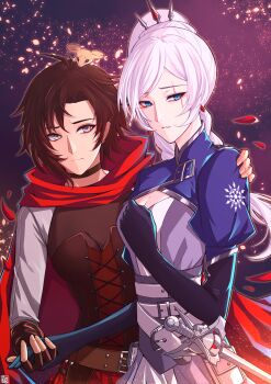 2girls absurdres animal animal_on_head belt black_choker blue_eyes braid braided_ponytail breasts brown_belt cape choker cleavage closed_mouth corset earrings elbow_gloves falling_petals fingerless_gloves gloves grey_eyes high_ponytail highres holding_hands hood hooded_cape jewelry jindianjun000 light_particles little_(rwby) looking_at_viewer medium_breasts mouse_(animal) multiple_belts multiple_girls myrtenaster on_head parted_lips petals ponytail purple_background red_cape red_hair ruby_rose rwby scar scar_across_eye scar_on_face short_hair shrug_(clothing) sword upper_body weapon weiss_schnee white_belt white_hair