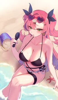 1girl absurdres alternate_costume arm_at_side bare_arms bare_legs bare_shoulders beach bikini black_bikini black_ribbon blue_nails blush bow bow_bikini breasts bucket cleavage commentary day eyewear_on_head feet_out_of_frame fingernails frilled_bikini frills from_above green_eyes green_nails hair_between_eyes hair_ornament hair_ribbon hairclip halterneck hand_fan hand_up handheld_electric_fan heart heart-shaped_eyewear highres holding holding_fan knee_up large_breasts long_hair looking_ahead mole mole_on_breast mole_on_thigh mole_under_eye multi-strapped_bikini_bottom multicolored_nails nail_polish navel nicole_demara on_ground outdoors parallel_hairclips parted_bangs parted_lips pink-framed_eyewear pink_hair purple_nails raised_eyebrows ribbon sand setsu_(pixiv_76309149) sitting soaking_feet solo starfish stomach striped_bow sunglasses sweat swimsuit thigh_strap two_side_up very_long_hair water white_bow zenless_zone_zero