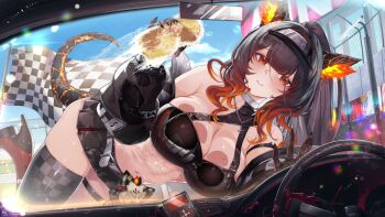 1girl 4rin+ against_glass animal_ears asymmetrical_footwear belt black_hair black_skirt boots breast_press breasts breasts_on_glass checkered_flag checkered_footwear cleaning cleavage dog_ears fiery_ears flag high_heel_boots high_heels holding holding_sponge indie_virtual_youtuber miniskirt mole mole_on_breast multicolored_hair orange_hair red_eyes second-party_source single_thigh_boot skirt sky solo sponge steering_wheel stomach streaked_hair tail thigh_boots thigh_strap ura_illust virtual_youtuber white_belt