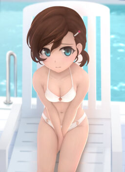 1girl 3d bare_shoulders bikini blue_eyes blush breast_press breasts brown_hair chair cleavage collarbone day female_focus gegege_no_kitarou hair_ornament hairclip halterneck highres inuyama_mana lounge_chair medium_breasts navel o-ring o-ring_bikini outdoors ponytail short_hair short_ponytail siraha sitting solo swept_bangs swimsuit white_bikini