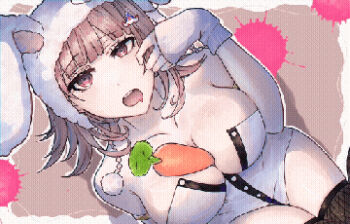 1girl animal_ears arm_warmers bare_shoulders black_leotard breasts carrot cleavage commentary_request danganronpa_(series) danganronpa_2:_goodbye_despair fake_animal_ears fishnet_thighhighs fishnets hair_ornament highres large_breasts leotard looking_at_viewer medium_hair nanami_chiaki pink_eyes pixel_art playboy_bunny rabbit_ears solo strapless strapless_leotard thighhighs yoraku