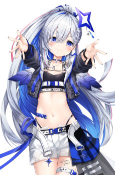 1girl absurdres amane_kanata amane_kanata_(lock_on) bare_shoulders belt black_choker black_jacket black_sports_bra blue_hair blue_halo blue_wings breasts choker closed_mouth collarbone commentary_request crossed_bangs gradient_hair gradient_wings grey_hair hair_between_eyes halo heart highres hololive jacket jewelry long_hair long_sleeves looking_at_viewer mini_wings multicolored_hair multicolored_wings navel necklace o-ring o-ring_choker official_alternate_costume parted_bangs parted_lips purple_eyes reaching reaching_towards_viewer ring short_shorts shorts simple_background single_hair_intake small_breasts smile solo sports_bra star_halo stomach thigh_strap tilted_halo virtual_youtuber white_background white_belt white_hair white_shorts white_wings wings yukikawa_sara