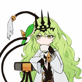 1girl animated animated_gif black_dress black_tiara blinking breasts brushing_hair cloud_ya coat commentary_request cup dress drink green_hair holding holding_cup honkai_(series) honkai_impact_3rd lab_coat long_hair mobius_(honkai_impact) second-party_source simple_background slit_pupils small_breasts solo tiara very_long_hair white_background white_coat