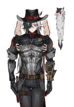 0p78xopwsj83779 1boy 1other :&lt; ammunition_belt animalization arms_at_sides badge belt belt_buckle black_eyes black_hair black_hat black_jacket black_pants blush boothill_(honkai:_star_rail) brown_belt buckle bullet_earrings cape cat closed_eyes closed_mouth commentary_request cowboy_hat cropped_jacket crossed_bangs crosshair_pupils cyborg disembodied_hand earrings fangs gold_earrings hair_over_one_eye hat hat_feather highres holster honkai:_star_rail honkai_(series) jacket jewelry lifting_person long_hair longcat_(meme) male_focus meme mole mole_under_eye multicolored_hair one_eye_covered open_mouth pants parted_bangs red_cape red_pupils sheriff_badge short_sleeves simple_background single_earring solo_focus streaked_hair sweat thigh_holster thigh_strap tongue trembling veins white_background white_hair yawning zipper zipper_pull_tab