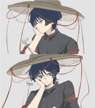 1boy black_hair black_sleeves blue_eyes blunt_ends brown_hat cake cake_slice clothing_cutout expressionless eyeliner eyeshadow fingernails food fork genshin_impact grey_background hand_in_own_hair hand_on_own_face hand_up hat highres holding holding_fork ichimegasa japanese_clothes kariginu kuronushi_(genshin_impact) layered_sleeves looking_down looking_to_the_side makeup male_focus multicolored_hair purple_hair red_eyeliner red_eyeshadow red_sleeves scaramouche_(genshin_impact) sequential shimianaya shoulder_cutout solo split_screen streaked_hair tuning_fork turning_head wispy_bangs