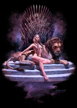 1girl a_song_of_ice_and_fire blonde_hair breasts cersei_lannister chriswahl73 closed_mouth commentary completely_nude convenient_censoring english_commentary game_of_thrones green_eyes highres large_breasts lion lips long_hair looking_at_viewer medium_breasts navel nude shadow sitting solo stomach sword throne toenails toes weapon