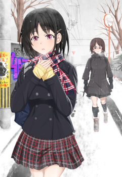 2girls bag bare_tree black_coat black_gloves black_hair black_skirt black_socks blue_bag blue_eyes boots breath brick_wall broken_mirror brown_footwear brown_hair buttons cardigan carrying_bag coat combat_knife cowboy_shot day double-breasted erikku_(kata235) full_body gloves graffiti grey_sky hair_ornament hairclip hands_on_own_chest highres holding holding_knife holding_weapon hood hood_down hooded_coat imminent_penetration knife layered_sleeves long_sleeves looking_ahead looking_at_another mirror multicolored_skirt multiple_girls original outdoors own_hands_together parted_lips peacoat plaid_clothes plaid_skirt pleated_skirt pocket poster_(object) power_lines purple_eyes red_skirt road_sign school_bag short_hair sign skirt sky snow snow_on_tree snowing socks solo_focus standing stop_sign traffic_mirror tree utility_pole walking weapon winter winter_clothes yellow_cardigan