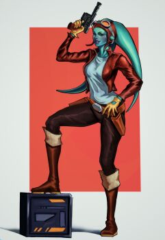 Rule 34 | 1girl, alien, aqua skin, blue eyes, boots, brown boots, brown gloves, brown jacket, brown pants, colored skin, cropped jacket, david dosaan, full body, gloves, gun, highres, holding, holding gun, holding weapon, jacket, lekku (anatomy), open clothes, open jacket, open mouth, pants, shirt, solo, star wars, twi'lek, weapon, white shirt