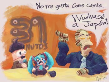 1girl 2boys 31_minutos black_hair blue_hair chibi crying desk hatsune_miku highres lk90art microphone monkey multiple_boys policarpo_avendano puppet sad sitting spanish_text speech_bubble tears translated tulio_trivino twintails vocaloid