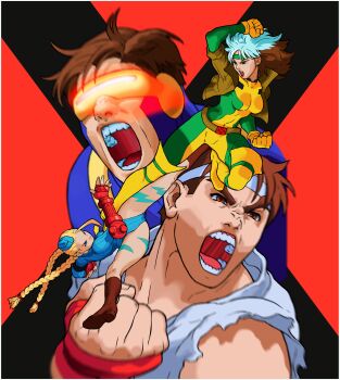 2boys 2girls absurdres angry belt bengus blonde_hair blue_bodysuit blue_eyes bodypaint bodysuit boots braid brown_boots brown_hair cammy_white clenched_hand colored_bangs cyclops_(x-men) dougi fingerless_gloves flying_kick forked_eyebrows game_cg garrison_cap gloves green_bodysuit green_headband hat head-mounted_display headband heattech_leotard highleg highleg_leotard highres jacket kicking killer_bee_cammy leather leather_jacket leotard long_hair loose_belt marvel_vs._capcom mma_gloves multicolored_bodysuit multicolored_hair multiple_boys multiple_girls necktie non-web_source official_art open_mouth ribbed_leotard rogue_(x-men) ryu_(street_fighter) short_hair short_necktie sleeved_leotard superhero_costume teeth thick_eyebrows torn_clothes torn_sleeves turtleneck twin_braids two-tone_bodysuit two-tone_hair white_hair white_headband x-men_vs._street_fighter yellow_bodysuit yellow_boots yellow_gloves