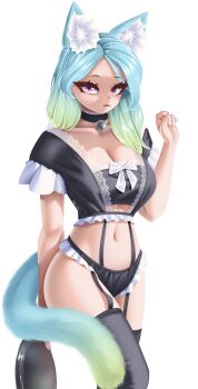 Rule 34 | 1girl, absurdres, animal ears, bell, blue hair, breasts, cat ears, cat girl, cat tail, cleavage, collar, frilled sleeves, frilled underwear, frills, gradient hair, green hair, highres, lace, lace trim, long hair, looking at viewer, maid, multicolored hair, original, panties, pink eyes, ribbon, tail, takie arts, thighhighs, thighs, tray, two-tone hair, underwear, white background