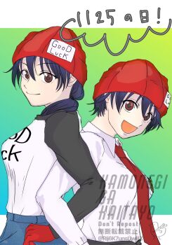 beanie before_and_after black_hair breasts commentary_request denim elbow_carry hat highres izumo_fuuko jeans large_breasts necktie pants red_eyes red_necktie shirt smile two-tone_shirt undead_unluck union_emblem_(undead_unluck) white_shirt