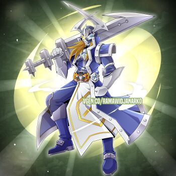 Rule 34 | 1boy, absurdres, armor, blonde hair, boots, clenched hand, commentary, cosplay, english commentary, fake horns, gloves, helmet, highres, holding, holding sword, holding weapon, horned helmet, horns, kamen rider, kamen rider valvarad, male focus, over shoulder, ramawidjanarko2, rider belt, silent swordsman, silent swordsman (cosplay), spikes, sword, sword over shoulder, tokusatsu, valvaradriver, vgen username, weapon, weapon over shoulder, white gloves, yu-gi-oh!