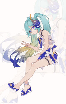 1girl bare_shoulders blue_hair blue_nails blue_sandals closed_mouth frills gradient_hair green_hair hair_between_eyes hand_up high_heel_sandals highres honkai_(series) honkai_impact_3rd liliya_olenyeva looking_at_viewer mi_si_lei_da_ke multicolored_hair multicolored_nails nail_polish orange_nails pink_background purple_eyes sandals simple_background solo thick_eyebrows twintails v zoom_layer