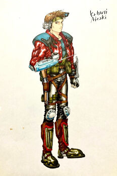 Rule 34 | 1990s (style), aizaki katsumi, artist name, brown eyes, brown hair, closed mouth, colorized, commentary request, fingerless gloves, frown, full body, giten megami tensei: tokyo mokushiroku, gloves, hayasaka tatsuya, headband, highres, looking at viewer, marker (medium), megami tensei, official art, retro artstyle, shin megami tensei, simple background, solo, traditional media, white background