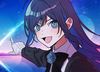 1girl ado_(utaite) black_bow black_bowtie blue_eyes blue_flower blue_hair blue_rose blurry bow bowtie chando_(ado) colored_inner_hair commentary depth_of_field flower gloves hashtag-only_commentary highres long_hair long_sleeves multicolored_hair open_mouth pointing riseno rose sky solo star_(sky) starry_sky utaite white_gloves